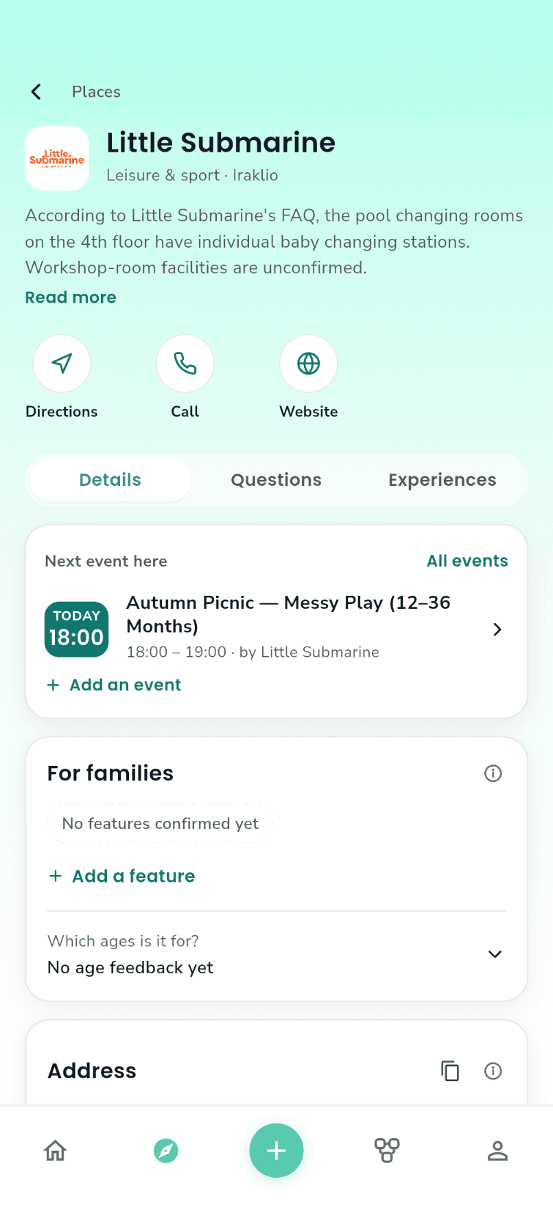 English Parentsy place screen for Little Submarine in Iraklio, showing the Autumn Picnic event, practical information and family facilities marked as not yet confirmed.