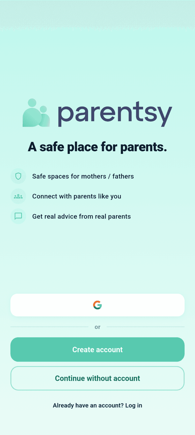 Parentsy app start screen showing account and guest entry options.